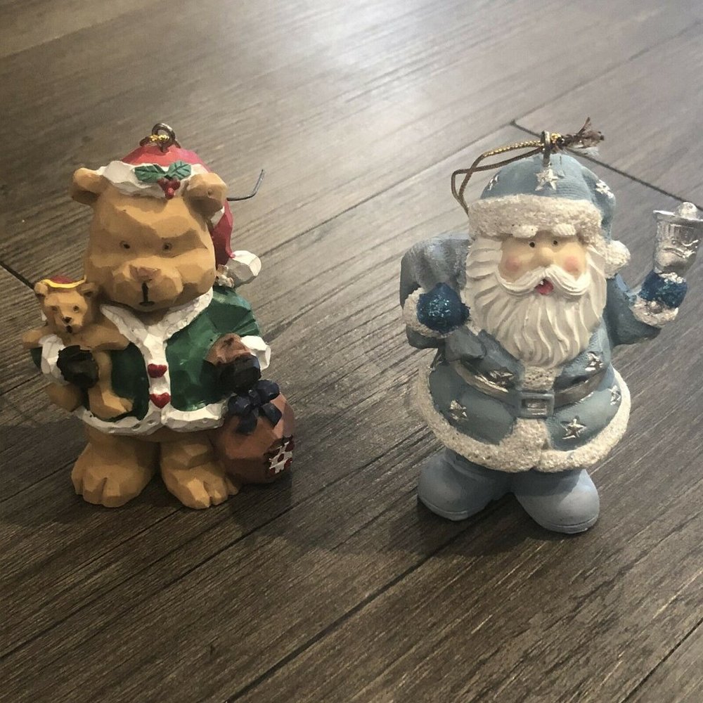 2 Resin 3” Solid Santa Christmas Ornaments Bear Santa Santa In Blue